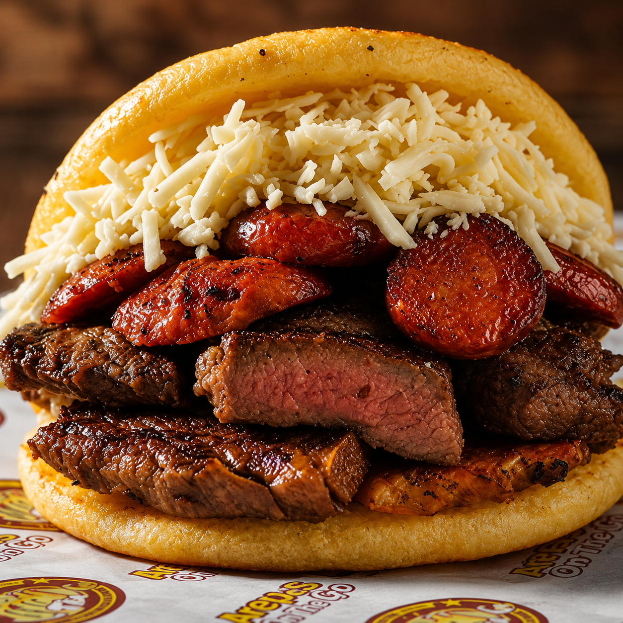 Arepa con carne asada y chorizo a la parrilla