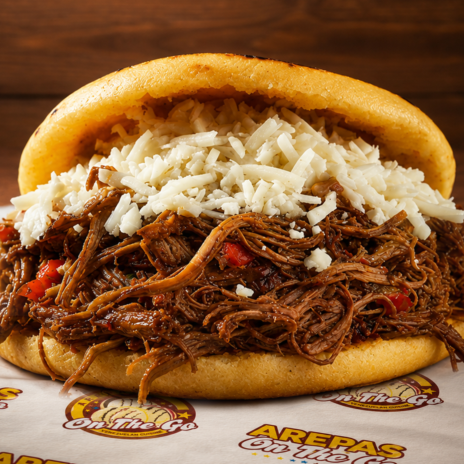 Arepa venezolana de carne mechada con queso blanco