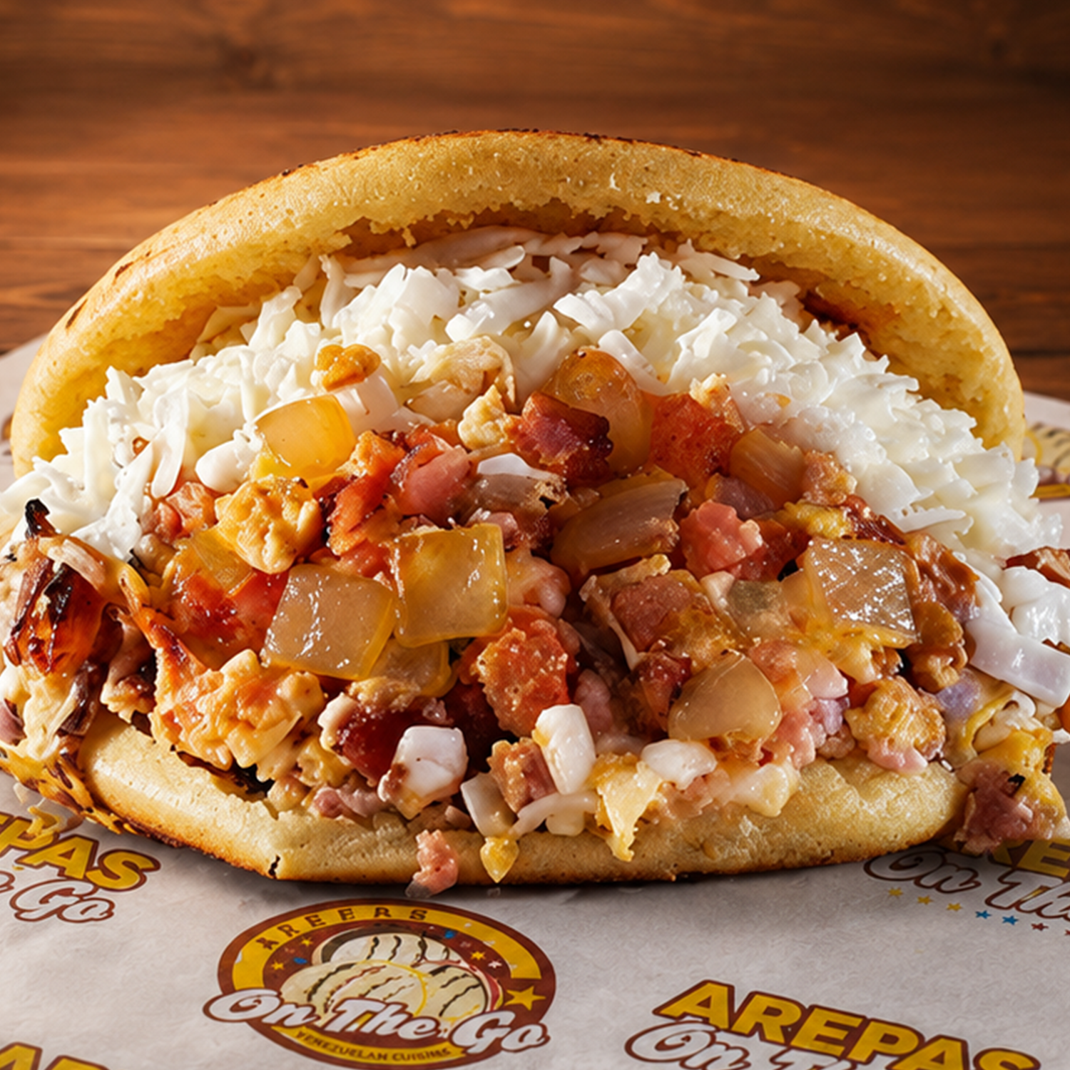 Arepa de huevo revuelto con tomate, cebolla, jamón y tocino