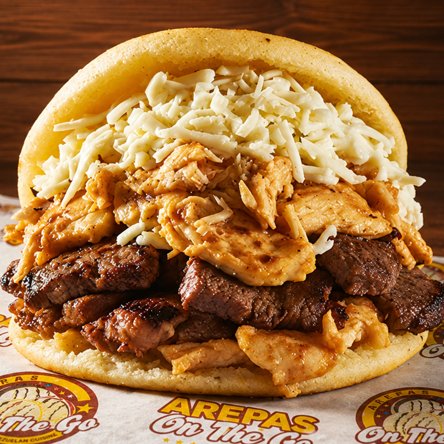 Arepa mixta con carne asada y pollo a la parrilla