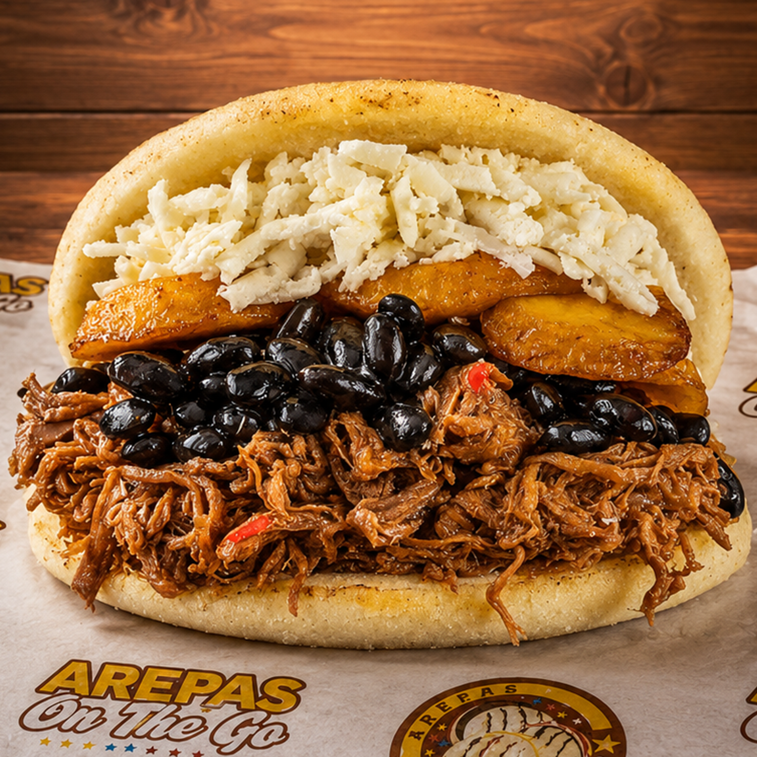 Arepa Pabellón con carne mechada, plátano, caraotas y queso blanco