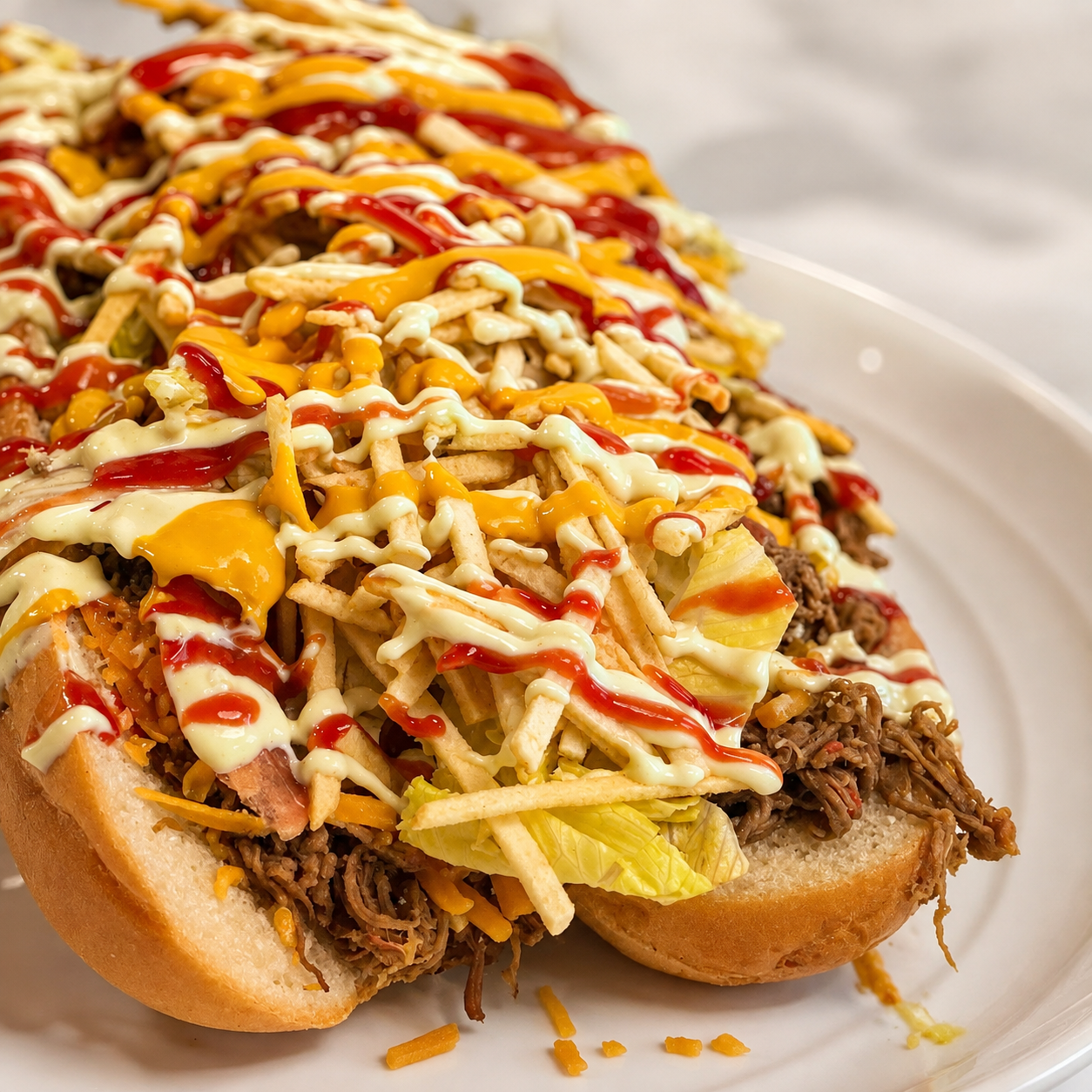 Pepito venezolano con proteína, bacon, queso parmesano, salsas, papitas, lechuga, tomate y cebolla