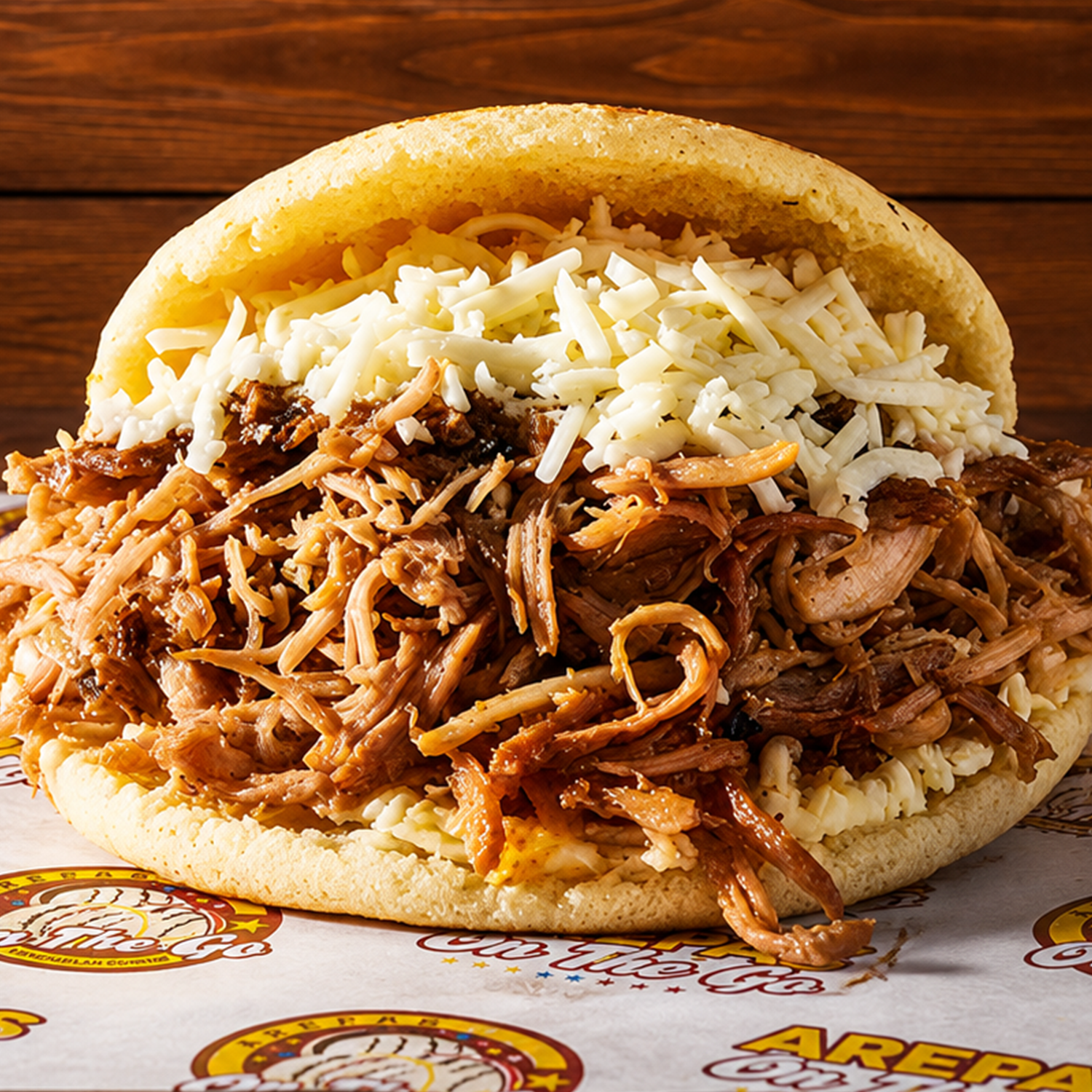 Arepa venezolana de pernil desmechado con queso blanco