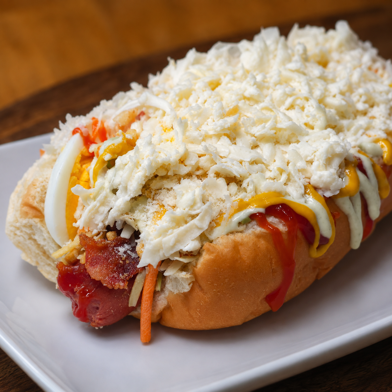 Perro caliente especial venezolano con huevo, bacon, queso parmesano y salsas
