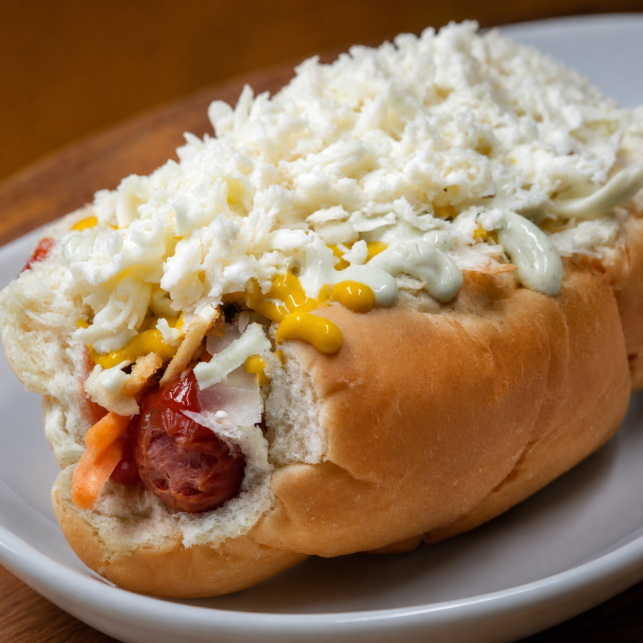 Perro caliente venezolano con repollo, zanahoria, queso parmesano y papitas
