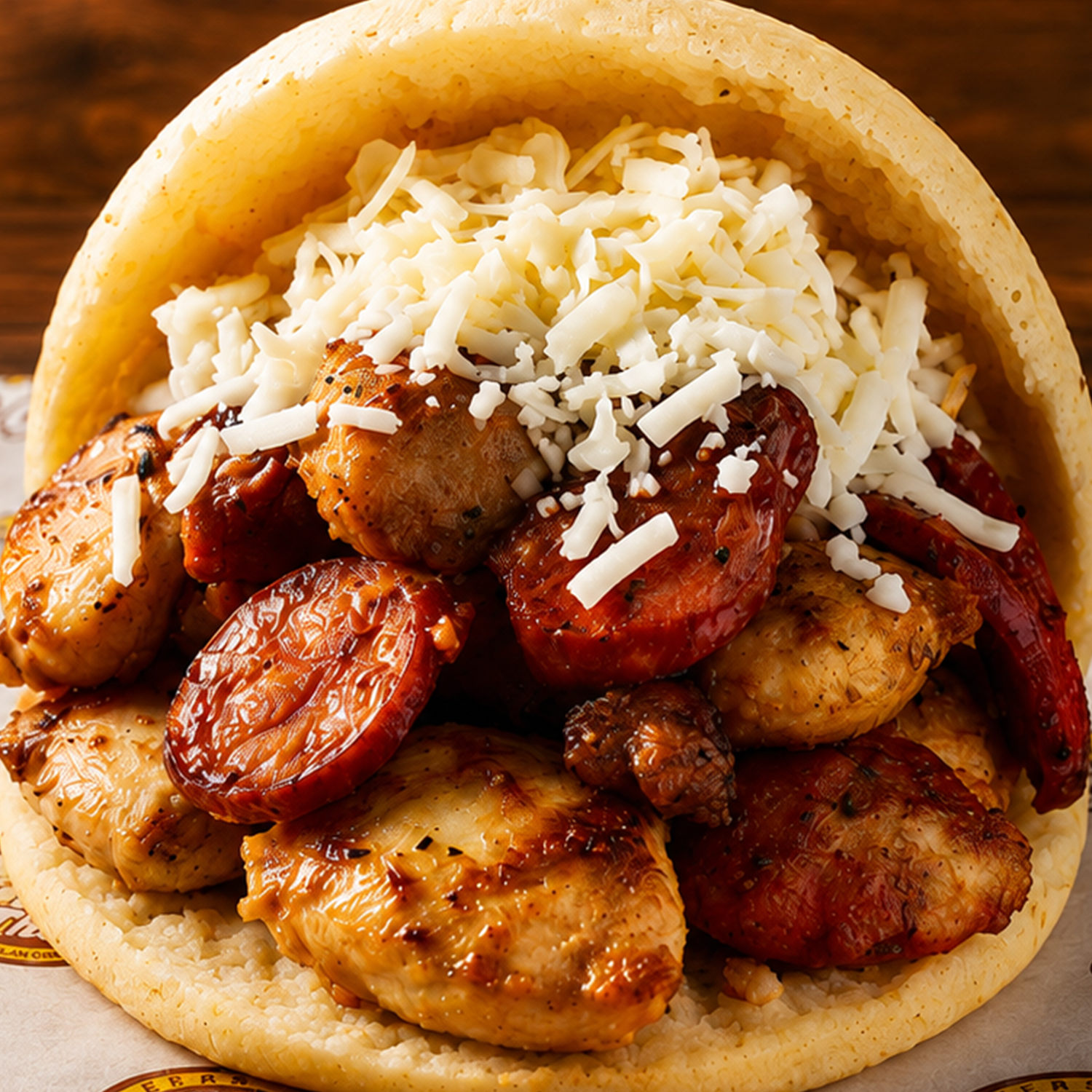 Arepa con pollo asado y chorizo a la parrilla