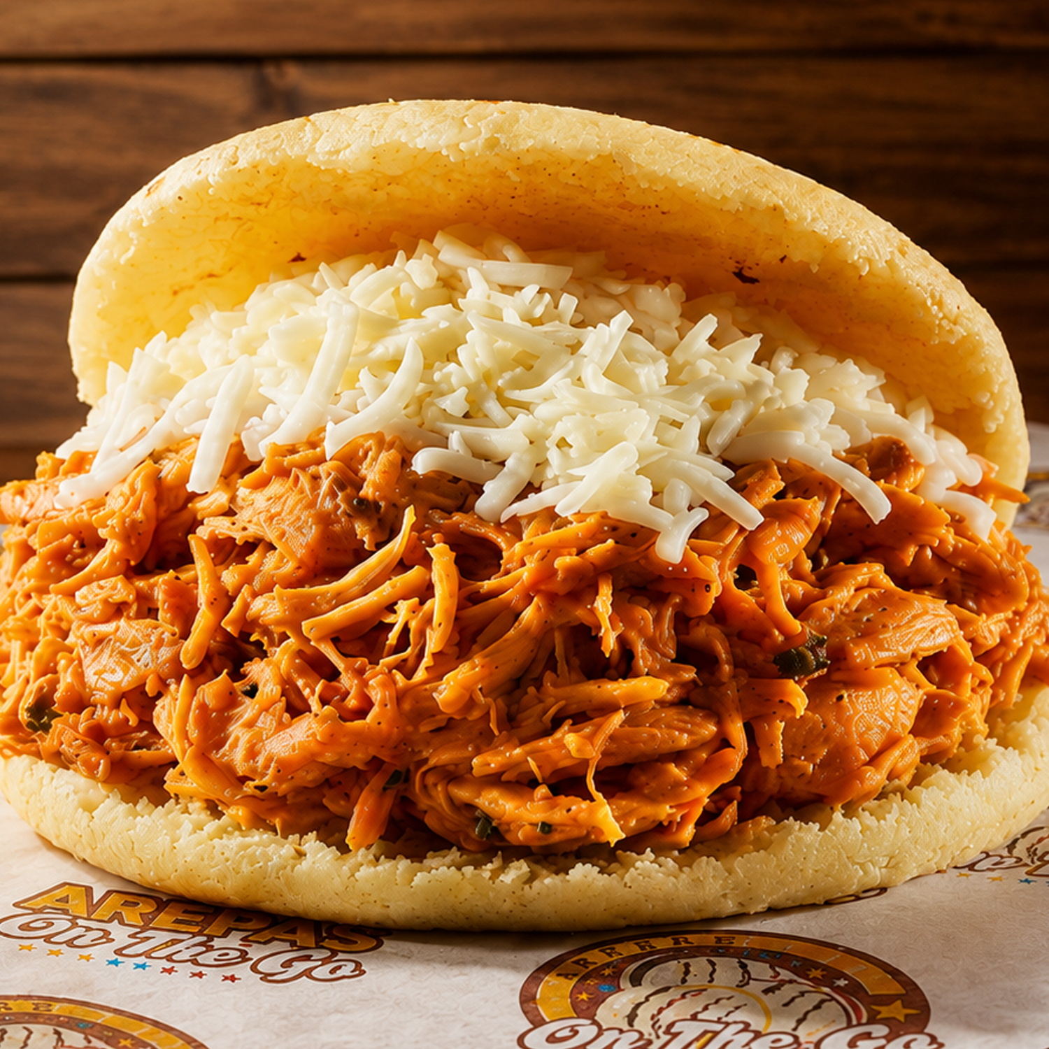 Arepa venezolana de pollo mechado con queso blanco
