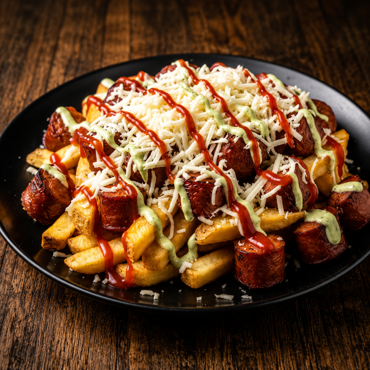 Salchipapas con papas fritas, salchicha, queso y salsas