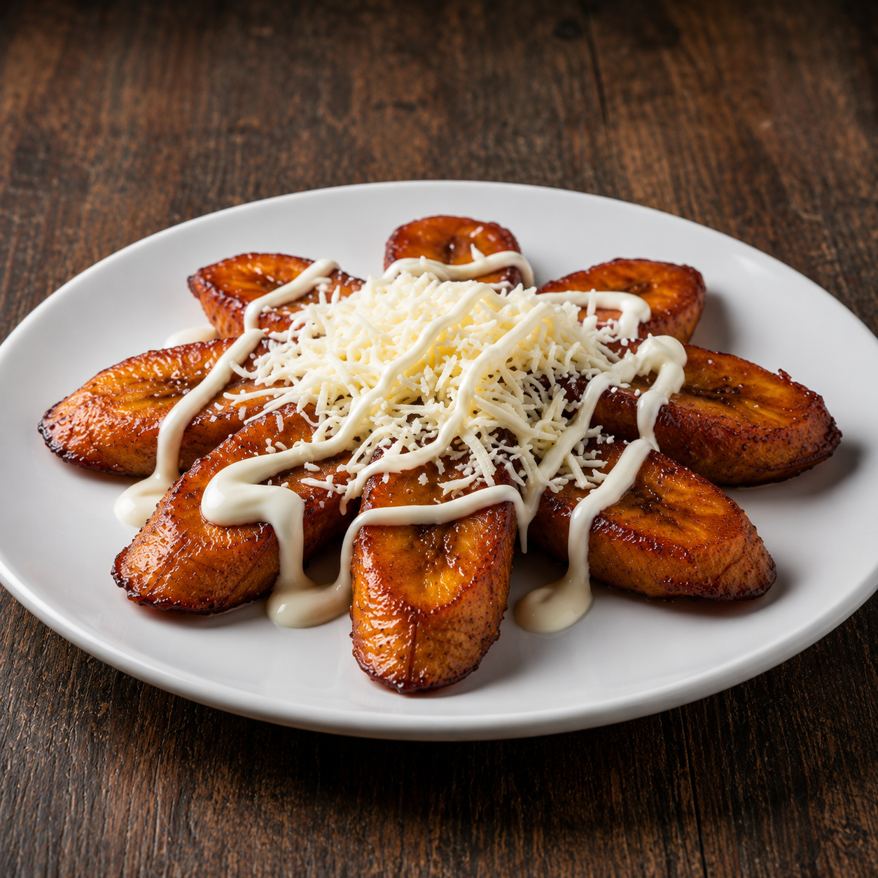 Tajadas de plátano maduro frito con queso y crema